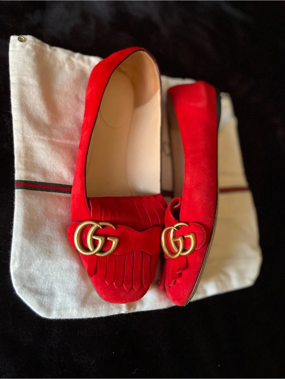 Authentic Gucci Red Suede Fringe GG Loafers for Women